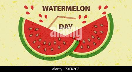 Watermelon day greeting card with two slices of watermelon and straw. Vintage banner with grunge texture with a slice of juicy watermelon in flat styl Stock Vector