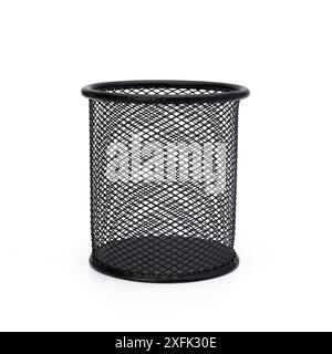 Isolated black metal pen holder standing on white surface. cylinder empty pen school container pencil. Stock Photo