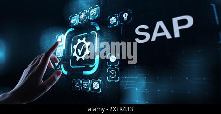 SAP - Business process automation software. ERP enterprise resources planning system concept on virtual screen. Stock Photo