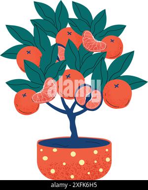 Cartoon orange tree with ripe fruits in a pot Stock Vector