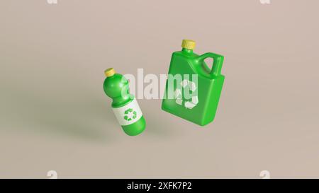 3D render of two green recycling bottles with yellow caps and recycling symbols on a beige background. Ideal for environmental and sustainability conc Stock Photo