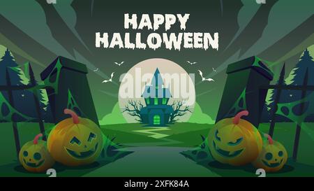 Scary house and carved pumpkin happy Halloween illustration at night with green color theme Stock Vector