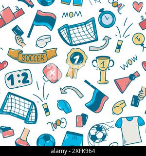 Hand drawn football seamless pattern. Symbols and attributes of soccer game background. Print with ball, cup, medal, uniform, goal and other elements, Stock Vector