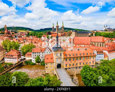 Bamberg Old Town Hall or Rathaus aerial panoramic view. Bamberg is a town on the river Regnitz in Upper Franconia, Bavaria in Germany. Stock Photo