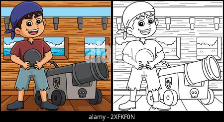 Pirate with Canon Coloring Page Illustration Stock Vector