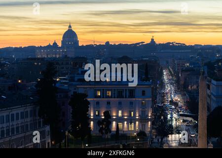 Evening view of Rome and the Vatican with the dome of St Peter's basilica from the Pincio Terrace (Terrazza del Pincio) on the Pincian Hill (Pincio). Stock Photo