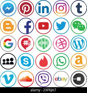 December 12, 2018: Set of popular circle social media icons: Facebook, Twitter, Google Plus, Instagram, Pinterest, LinkedIn, Tumblr and others Stock Vector