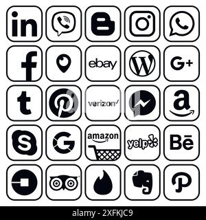 June 01, 2018: Set of popular social media and other icons with black rim: Linkedin, Blogger, Instagram, Amazon, Whatsapp, Ebay and others Stock Vector