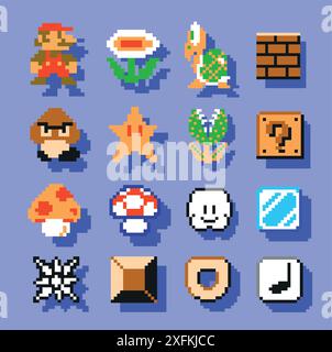 Retro set for video game design. Flat cartoon vector icon set with ...