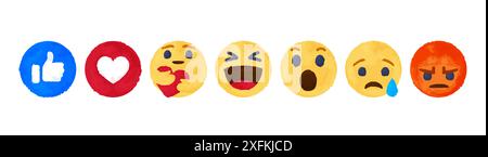 August 24, 2020: Set of Facebook Empathetic Emoji Reactions in watercolor design, vector illustration Stock Vector