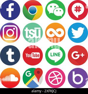 December 12, 2018: Set of popular circle social media icons: Facebook, Twitter, Google Plus, Instagram, Line, Youtube and others Stock Vector