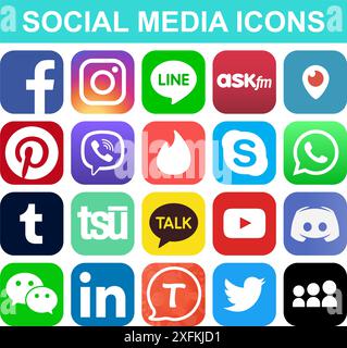 February 02, 2020: Set of popular social media and other icons: Facebook, Twitter, Instagram, Line, Pinterest, Tumblr, WeChat, LinkedIn, and others Stock Vector