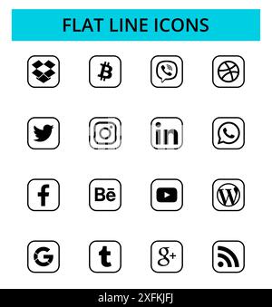 December 10, 2018: Set of popular social media and other icons: Facebook, Twitter, Instagram, LinkedIn, Dropbox, Youtube and others. Editable flat lin Stock Vector