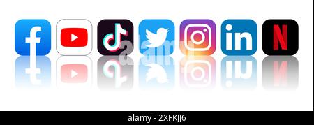 October 06, 2020: Set of original popular Social Media and Mobile Apps icons with reflection: Facebook, Twitter, Netflix, Instagram, TikTok, LinkedIn Stock Vector