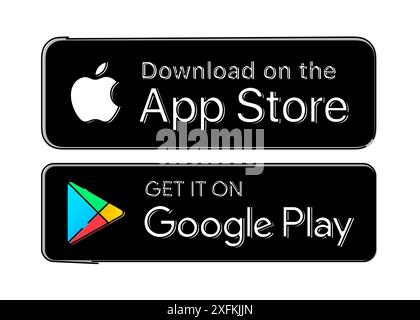 December 08, 2020: Download on the App Store and Get it on Google Play button icon, hand drawn pencil design vector illustration Stock Vector