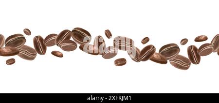 Flying horizontally dark roasted coffee beans. Seamless border. Ingredient for morning invigorating aromatic drink. Watercolor illustration. Stock Photo