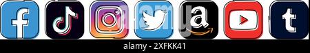 October 06, 2020: Set of popular Social Media and Mobile Apps icons in hand drawn line design: Facebook, Twitter, Tumblr, Instagram, TikTok, Amazon an Stock Vector