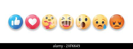 November 09, 2020: Set of Facebook Empathetic Emoji Smiley Reactions in realistic volume design, vector illustration Stock Vector