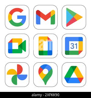 December 08, 2020: Set of popular Google services icons: Google Search, Gmail, Google Play, Meet, Presentation, Calendar, Photo, Maps and Disk. Google Stock Vector