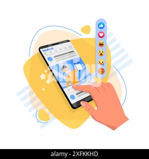 Kiev, Ukraine - February 10, 2021: Hand using smart phone with Facebook app on its screen, flat design vector illustration Stock Vector
