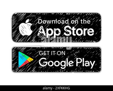 Kiev, Ukraine - February 10, 2021: Download on the App Store and Get it on Google Play button icons set, felt pen design vector illustration Stock Vector