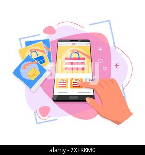 Kiev, Ukraine - February 10, 2021: Hand using smart phone with Instagram app on its screen, flat design vector illustration Stock Vector