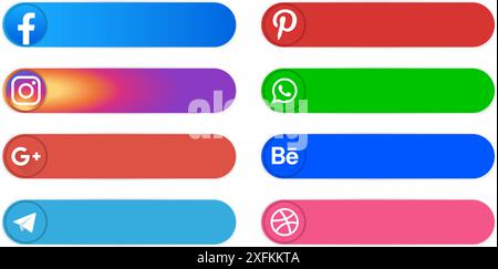 Kiev, Ukraine - March 10, 2021: Popular social media and other icons with label, such as: Facebook, Instagram, Pinterest, Whatsapp, Google Plus, Behan Stock Vector