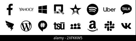 Kiev, Ukraine - March 10, 2021: Black popular social media and other icon symbols, such as: Facebook, Yahoo, Windows, Uber, Amazon, and others Stock Vector
