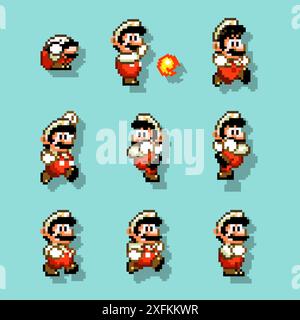 February 01, 2020: Set of fire Mario moves, art of Super Mario World classic video game, pixel design vector illustration. Super Mario World is a plat Stock Vector