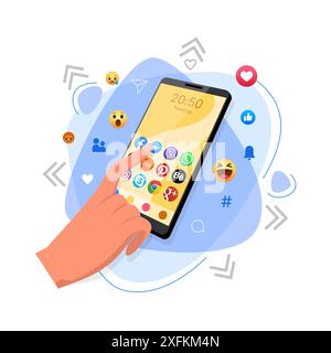 Kiev, Ukraine - February 10, 2021: Hand using smart phone with social media icons on its screen, flat design vector illustration Stock Vector