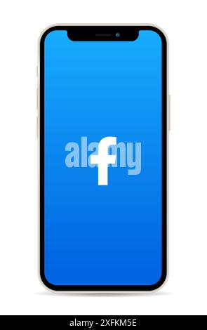 Kiev, Ukraine - March 11, 2021: Smart Phone Apple iPhone 12 with Facebook app logo on its screen, realistic vector illustration. Facebook is a well-kn Stock Vector