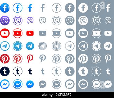 Kiev, Ukraine - March 11, 2021: Popular social media icons in different forms, such as: Facebook, Viber, Youtube, Telegram, Pinterest, Tumblr, Messeng Stock Vector