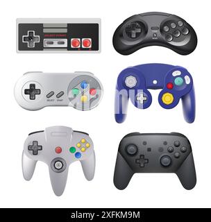 Kiev, Ukraine - November 08, 2021: Set of Gamepads for Play Consoles and PC Video Games, such as: Nintendo Famicom, GameCube, Switch, Sega Genesis, an Stock Vector