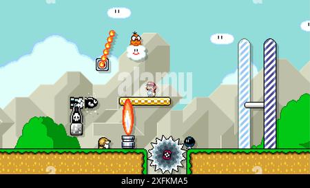 February 01, 2020: Mario at the end of level, art of Super Mario World classic video game, pixel design vector illustration. Super Mario World is a pl Stock Vector