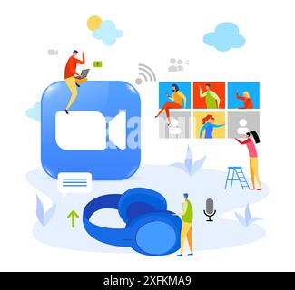 Kiev, Ukraine - March 11, 2021: Creative Zoom Communcation Video Service concept, flat design vector illustration Stock Vector