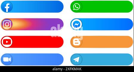 Kiev, Ukraine - March 15, 2021: Stickers set of popular social media icons in different forms, such as: Facebook, Instagram, Zoom, Youtube, WhatsApp, Stock Vector