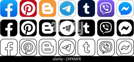 Kiev, Ukraine - March 11, 2021: Popular social media icons in original, black and line forms, such as: Facebook, Pinterest, Blogger, Telegram, Tumblr, Stock Vector