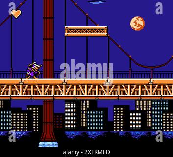 Kiev, Ukraine - December 06, 2021: Art of Darkwing Duck classic video game, pixel design vector illustration. Darkwing Duck is platform game based on Stock Vector