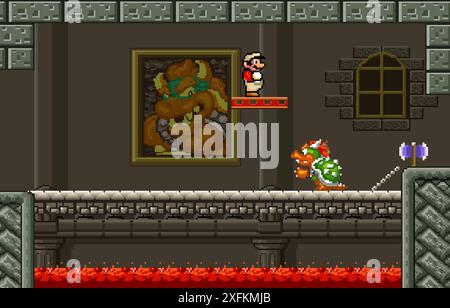 Kiev, Ukraine - September 09, 2021: Mario in the Bowser Castle, art of 16-bit Super Mario Bros video game, pixel design vector illustration. Super Mar Stock Vector