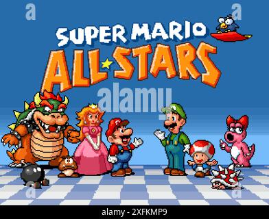 Kiev, Ukraine - September 09, 2021: Splash Screen of 16-bit Super Mario All Stars classic video games collection, developed by Nintendo, pixel design Stock Vector