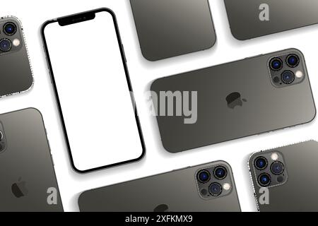 Kiev, Ukraine - September 06, 2021: Mockup of Smart Phones Apple iPhone 12. The iPhone is a line of smartphones designed and marketed by Apple Inc. Ve Stock Vector