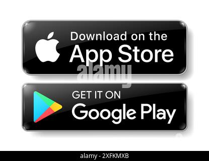 Kiev, Ukraine - March 11, 2021: Black Download on the App Store and Get it on Google Play button icons set, realistic volume design vector illustratio Stock Vector