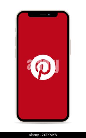 Kiev, Ukraine - March 11, 2021: Smart Phone Apple iPhone 12 with Pinterest app logo on its screen, realistic vector illustration Stock Vector