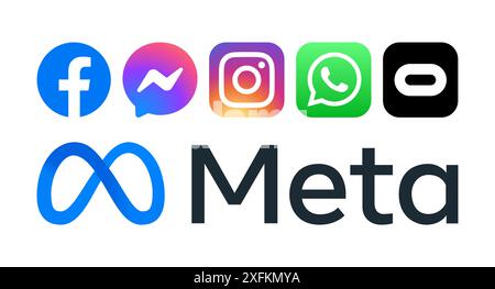 Kiev, Ukraine - December 09, 2021: Meta logo and new icons of its products: Facebook, Messenger, Instagram, WhatsApp and Oculos, vector illustration. Stock Vector