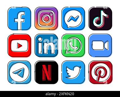 Kiev, Ukraine - September 28, 2022: Set of popular social media and mobile apps icons in hand drawn line design: Facebook, Instagram, Messenger, Tikto Stock Vector