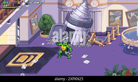 Kiev, Ukraine - June 05, 2022: Art of level from Teenage Mutant Ninja Turtles Shredder's Revenge modern video game in 16-bit classic pixel design, vec Stock Vector