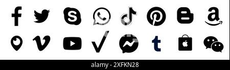 Kiev, Ukraine - March 15, 2021: Set of black popular social media signs, such as: Facebook, Instagram, Zoom, Youtube, Tiktok, WhatsApp, Twitter, and o Stock Vector