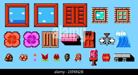 Kiev, Ukraine - January 21, 2021: Set of objects from Mickey Mousecapade classic video game, pixel design vector illustration. Mickey Mousecapade is a Stock Vector