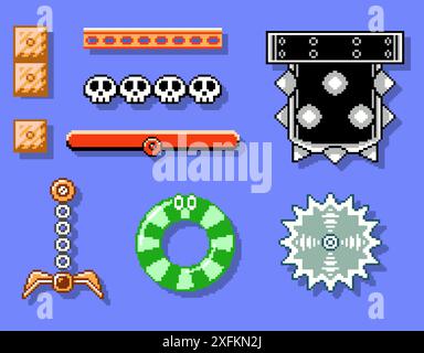 Kiev, Ukraine - May 30, 2022: Elements set of Super Mario Bros classic video game, pixel design vector illustration. Super Mario Bros is a platform vi Stock Vector