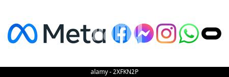 Kiev, Ukraine - December 09, 2021: Meta logo and icons of its products: Facebook, Messenger, Instagram, WhatsApp and Oculos, vector illustration. Soci Stock Vector